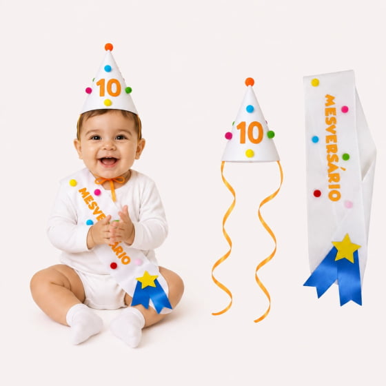 Kit Mesversário de 1 a 11 meses (Chapéu + Faixa) Escolha o Mês