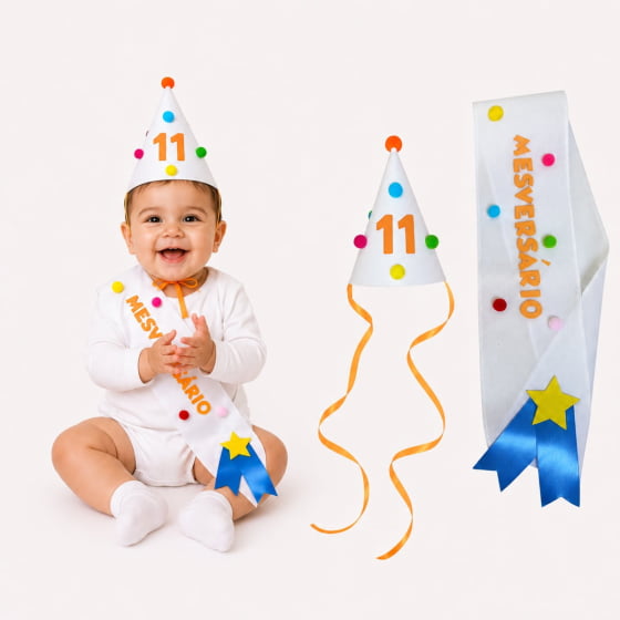 Kit Mesversário de 1 a 11 meses (Chapéu + Faixa) Escolha o Mês
