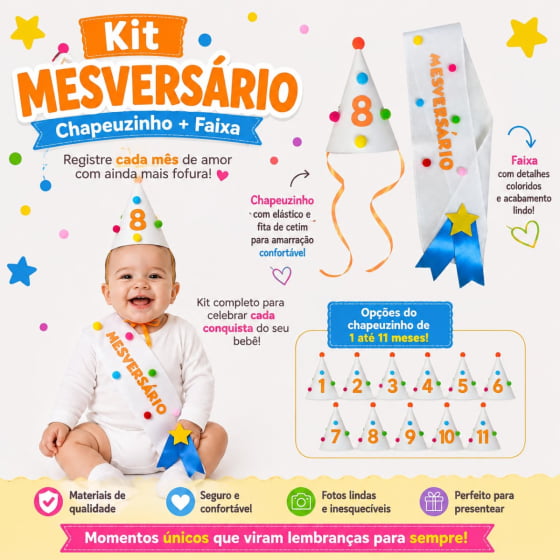 Kit Mesversário de 1 a 11 meses (Chapéu + Faixa) Escolha o Mês