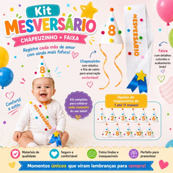Kit Mesversário de 1 a 11 meses (Chapéu + Faixa) Escolha o Mês