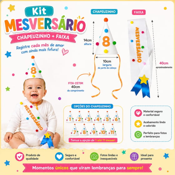 Kit Mesversário de 1 a 11 meses (Chapéu + Faixa) Escolha o Mês