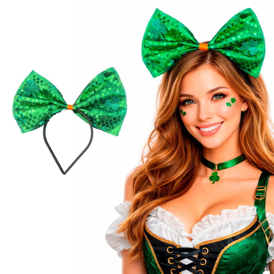 Tiara Laço Grande Paetê com Trevo Saint Patrick´s Day