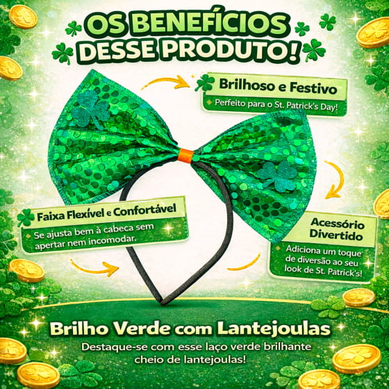 Tiara Laço Grande Paetê com Trevo Saint Patrick´s Day