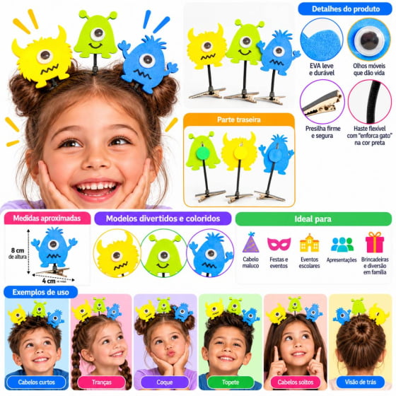 Aplique Monstrinhos Divertidos para Cabelo Maluco - 3 unidades