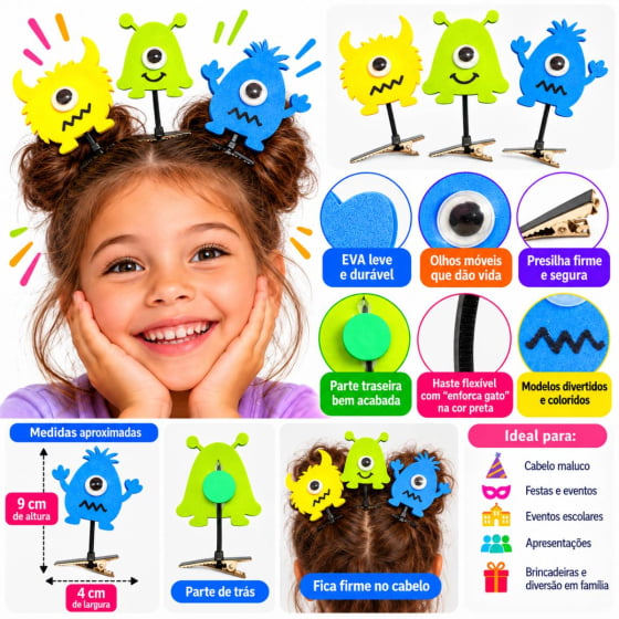 Aplique Monstrinhos Divertidos para Cabelo Maluco - 3 unidades