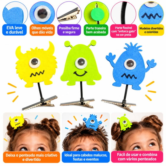 Aplique Monstrinhos Divertidos para Cabelo Maluco - 3 unidades
