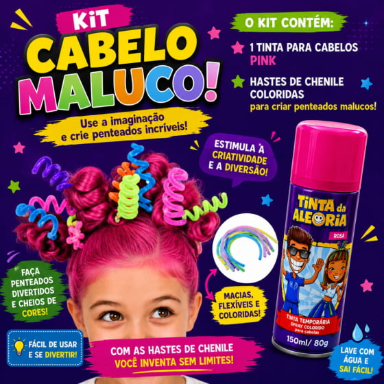 Kit Cabelo Maluco 10 Hastes + 3 Bolinhas + 2 Olhos + 1 Tinta Cabelo