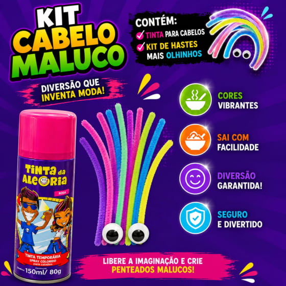 Kit Cabelo Maluco 10 Hastes + 3 Bolinhas + 2 Olhos + 1 Tinta Cabelo