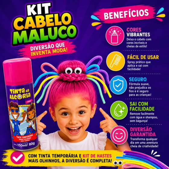 Kit Cabelo Maluco 10 Hastes + 3 Bolinhas + 2 Olhos + 1 Tinta Cabelo