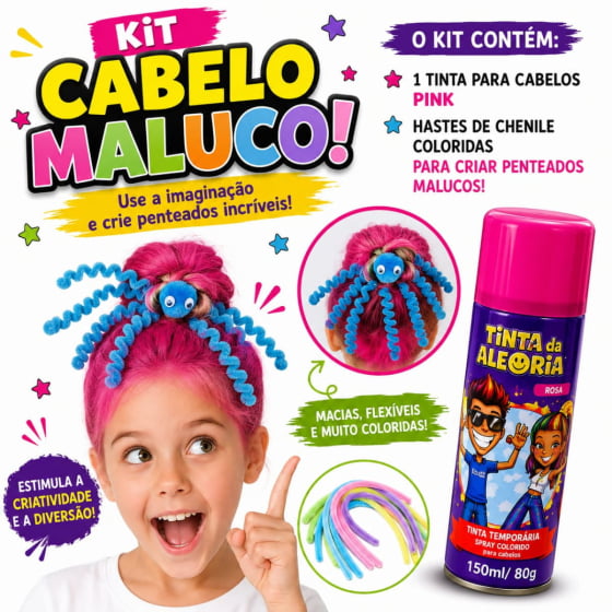 Kit Cabelo Maluco 10 Hastes + 3 Bolinhas + 2 Olhos + 1 Tinta Cabelo