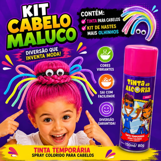 Kit Cabelo Maluco 10 Hastes + 3 Bolinhas + 2 Olhos + 1 Tinta Cabelo