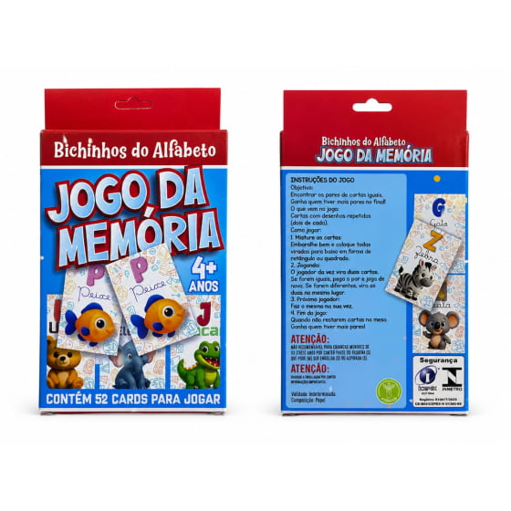 Jogo da Memória Bichinhos e Alfabeto com 52 Cartas