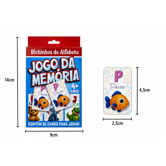 Jogo da Memória Bichinhos e Alfabeto com 52 Cartas