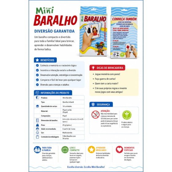 Jogo Mini Baralho com 54 Cartas
