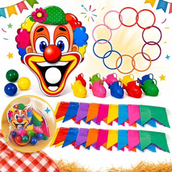 Kit Festa Junina Bocão Palhaço Bandeirinhas Argolas Peixinho Kit Festa Junina Bocão Palhaço Bandeirinhas Argolas Peixinho
