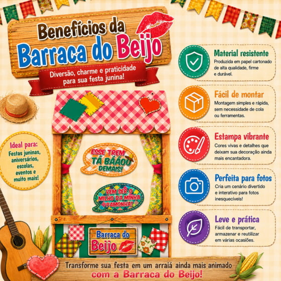 Painel Foto Barraca do Beijo Festa Junina com 2 Plaquinhas