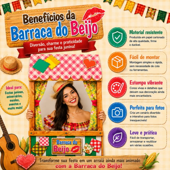 Painel Foto Barraca do Beijo Festa Junina com 2 Plaquinhas