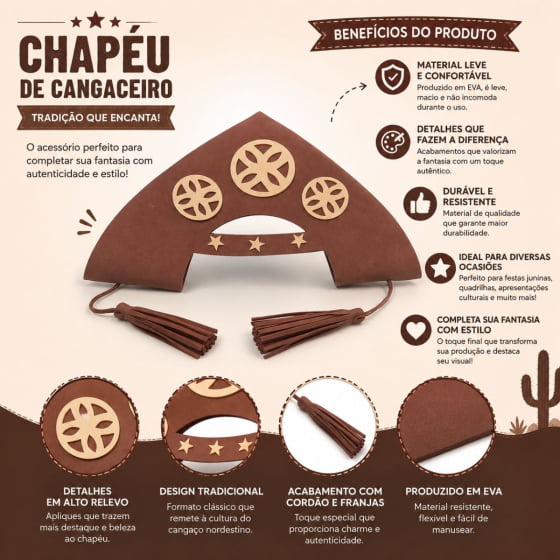 Chapéu Cangaceiro Luxo EVA Marrom Adulto ou Infantil