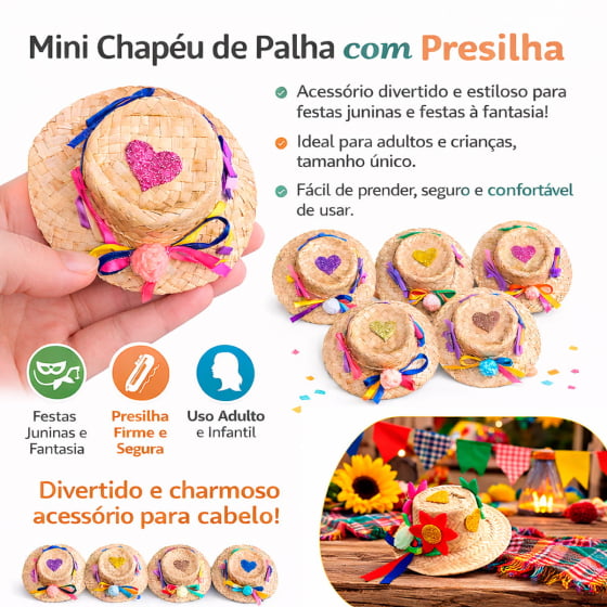 Chapéu de Palha Decorado Festa Junina Jasmin no Grampo