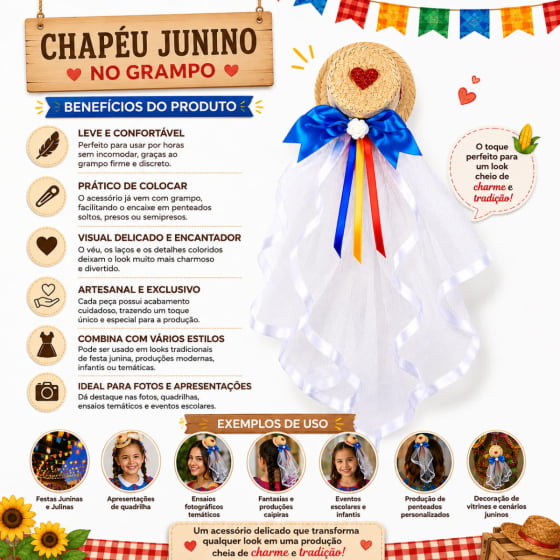 Chapéu de Palha Menina Festa Junina Noivinha no Grampo