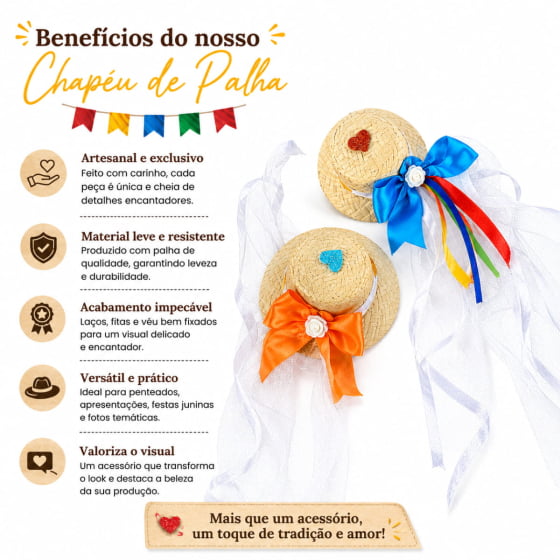 Chapéu de Palha Menina Festa Junina Noivinha no Grampo