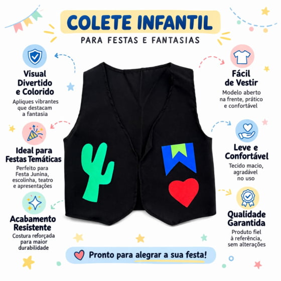 Colete Preto Festa Junina Traje Caipira Junino Infantil