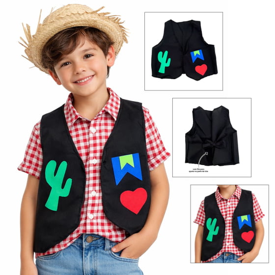 Colete Preto Festa Junina Traje Caipira Junino Infantil