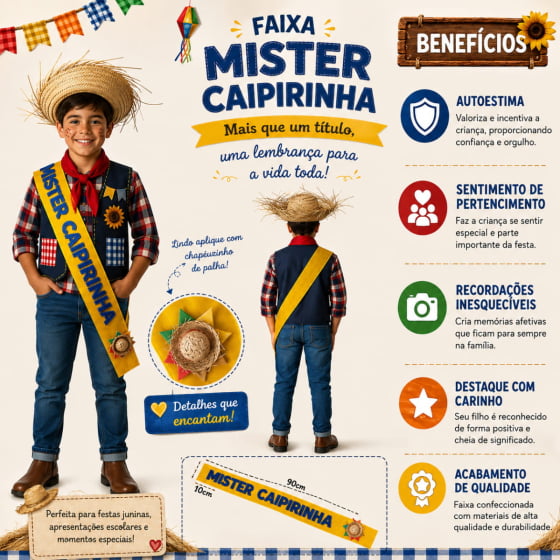 Faixa de Mister Caipirinha Acessório Quadrilha Festa Junina