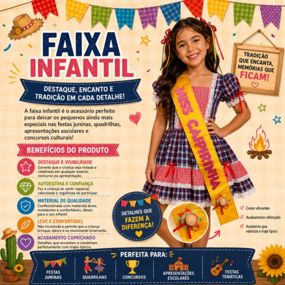 Faixa de Miss Caipirinha Acessório Quadrilha Festa Junina