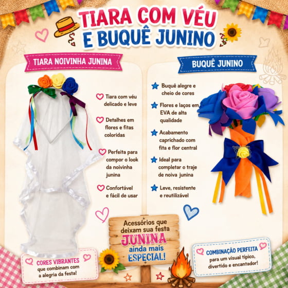 Kit Fantasia Noivinha Festa Junina Com 1 Buquê + 1 Veuzinho
