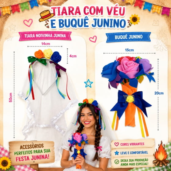 Kit Fantasia Noivinha Festa Junina Com 1 Buquê + 1 Veuzinho