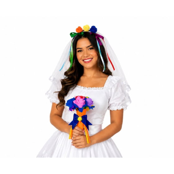 Kit Fantasia Noivinha Festa Junina Com 1 Buquê + 1 Veuzinho