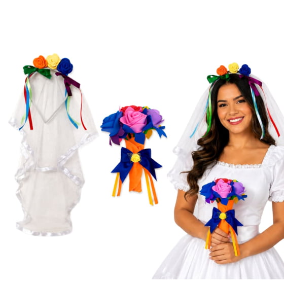 Kit Fantasia Noivinha Festa Junina Com 1 Buquê + 1 Veuzinho