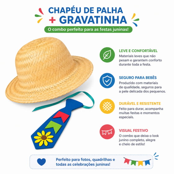 Kit Traje Junino Para Bebês Gravata + Chapéu De Festa Junina