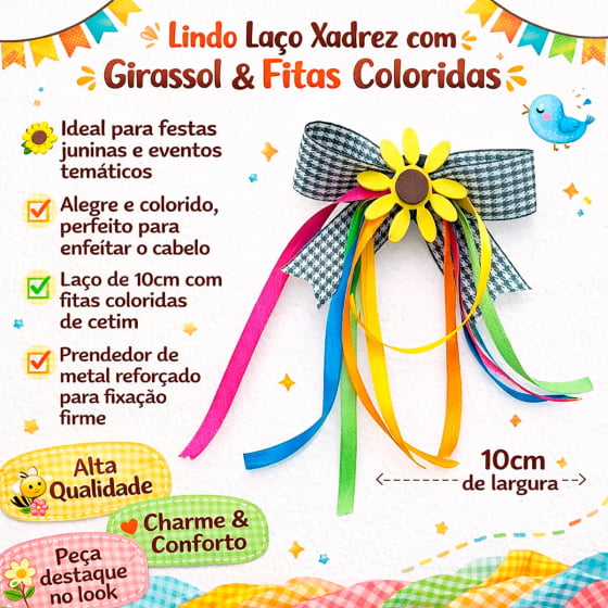 Laço Xadrez Girassol Acessório Caipira Arraiá Festa Junina