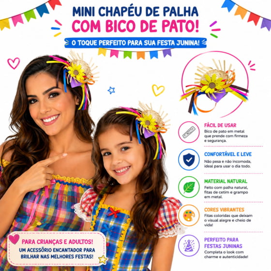 Mini Chapéu de Palha Baby com Grampo