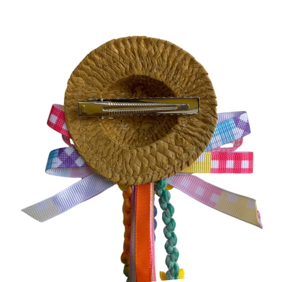 Mini Chapéu de Palha no Grampo com Fitas e Girassol