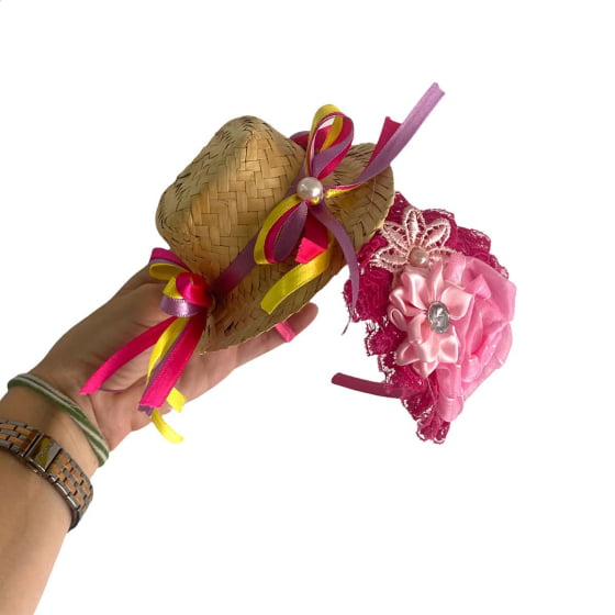 Tiara com Chapéu de Palha Boneca Decorado Luxo
