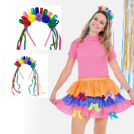 Tiara Com Fitas e Flores Coloridas Carnaval Festa Junina