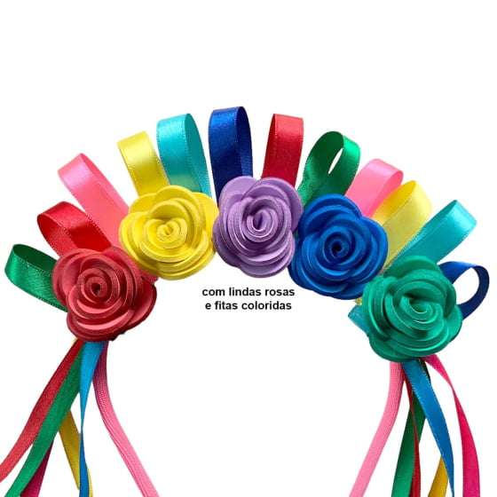 Tiara Com Fitas e Flores Coloridas Carnaval Festa Junina