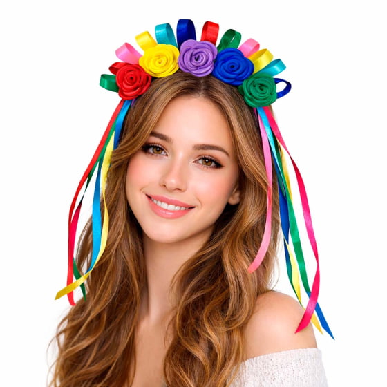 Tiara Com Fitas e Flores Coloridas Carnaval Festa Junina