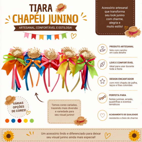 Tiara Mini Chapéu de Palha Acessório Festa Junina