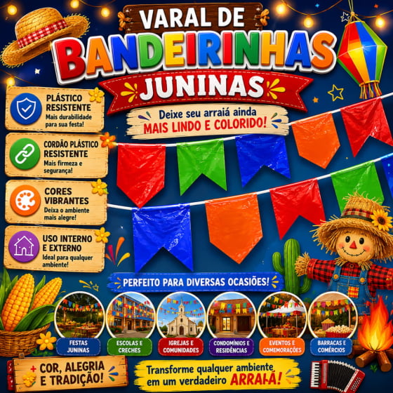 Bandeirão Junino de Plástico Decoração Festa Junina - 10 metros
