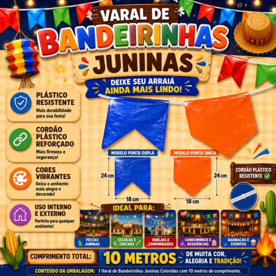 Bandeirão Junino de Plástico Decoração Festa Junina - 10 metros