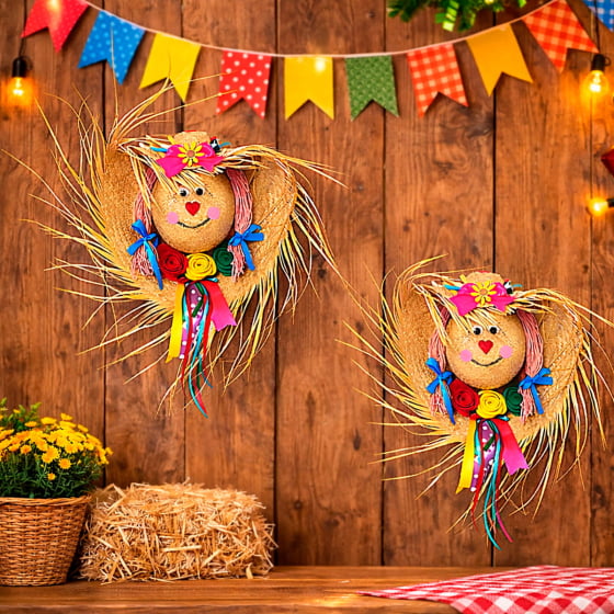 Enfeite Chapéu de Palha Decorado Espantalha Decoração de Festa Junina