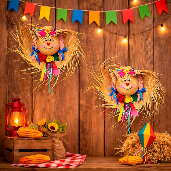Enfeite Chapéu de Palha Decorado Espantalha Decoração de Festa Junina