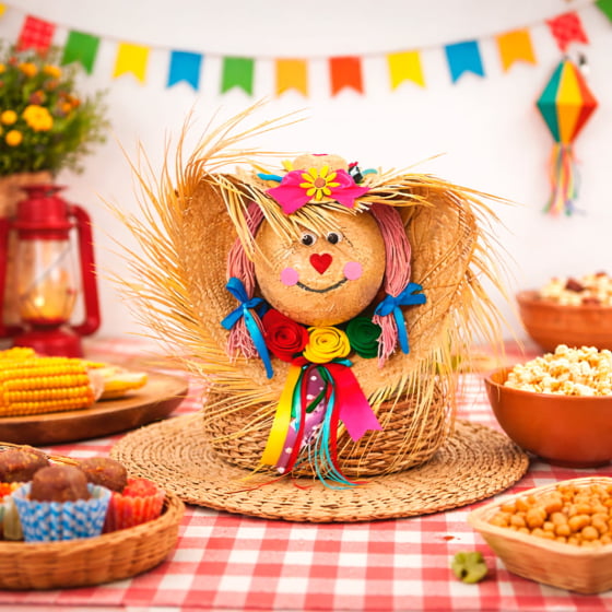 Enfeite Chapéu de Palha Decorado Espantalha Decoração de Festa Junina