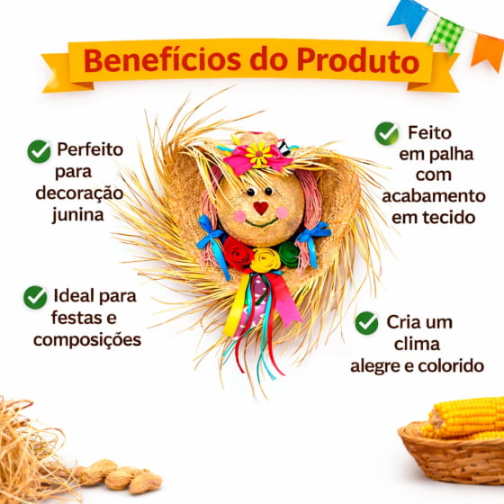 Enfeite Chapéu de Palha Decorado Espantalha Decoração de Festa Junina