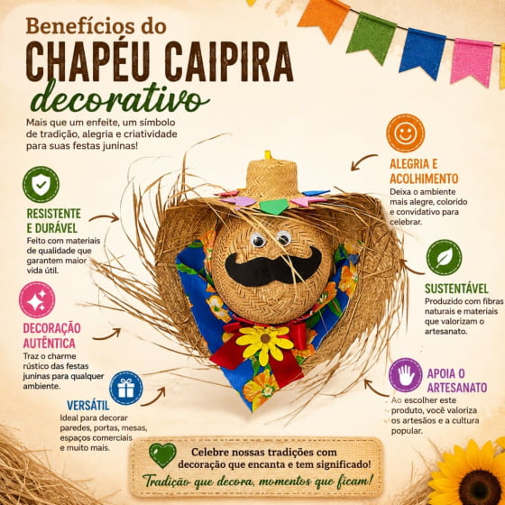 Enfeite Chapéu de Palha Decorado Espantalho