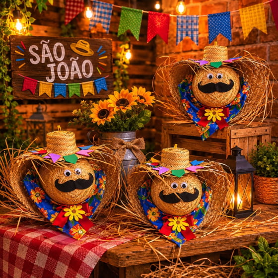 Enfeite Chapéu de Palha Decorado Espantalho